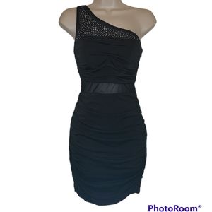 Speechless Sexy Black Mesh Ruched Asymmetrical Mini Dress 1 Zipper